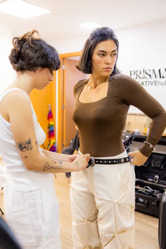 A wardrobe fitting on set