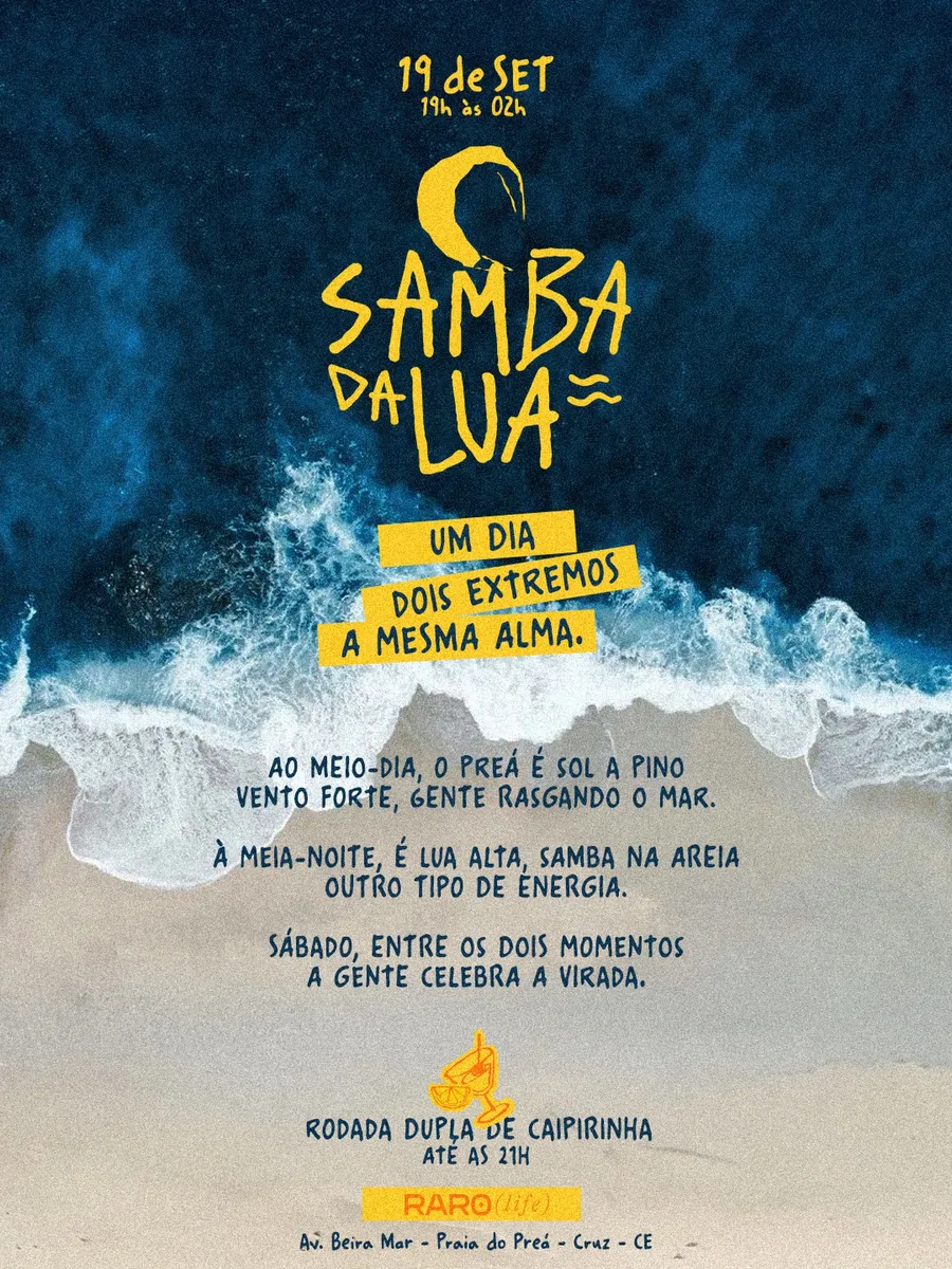 Cartaz do Samba da Lua de 19/09 sobre o mar do Preá visto do alto